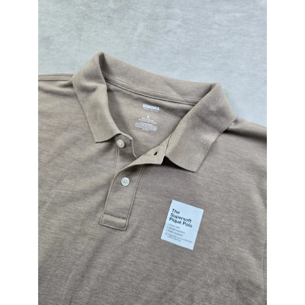 Sonoma Polo Shirt Mens Large Tan Cotton Blend Long Sleeve Supersoft Pique NEW - Picture 3 of 6